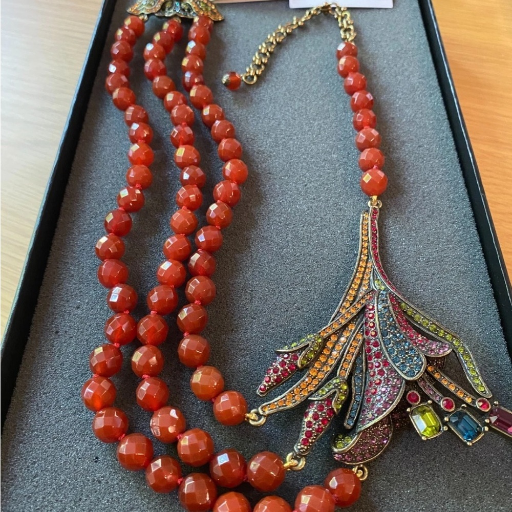 Heidi Daus Carnelian Beads and Multi Color Crystal Flower Necklace - Picture 5 of 6